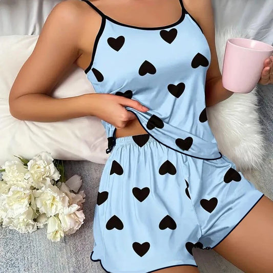 Women's Pajama Set With Heart Print Shorts Ice Silk Top
