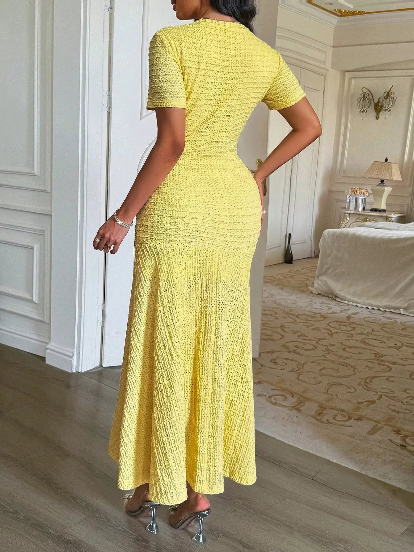Textured Knit Midi Dress With Front Buttons And Faux Pockets