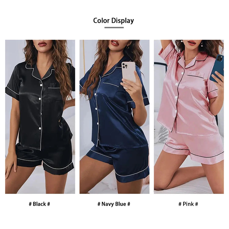 Hzoioys Satin Pajama Set Women Button Down Sleepwear 2 Piece