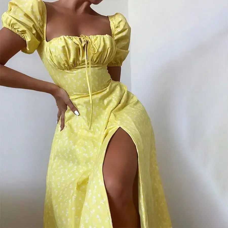 French Style Backless Floral Slit Spaghetti Strap Dress For Women