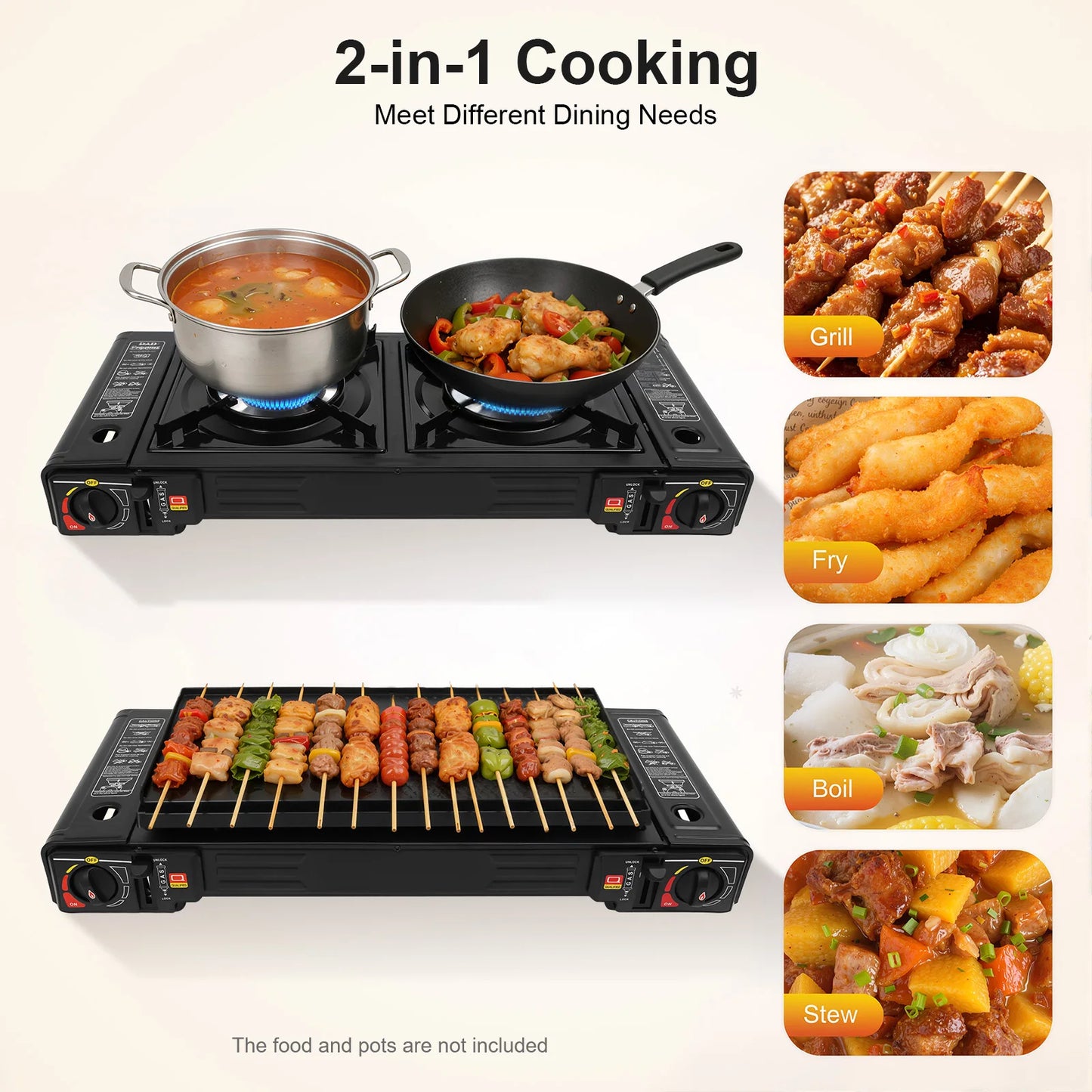 NONED 2500W Portable Camping Stove 2 Burners Baking Tray LPG