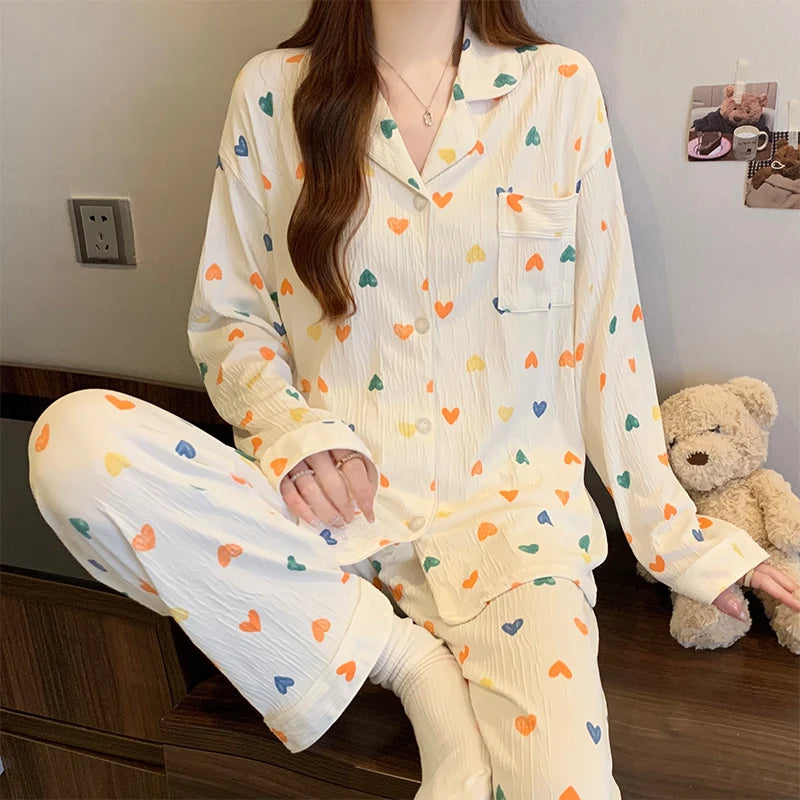 Harajuku Bow Tie Pajamas For Women Long Sleeve Top Pants