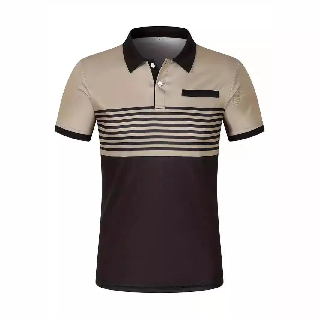 Men's V Neck Polo Shirt Striped Colorblocked Short Sleeve