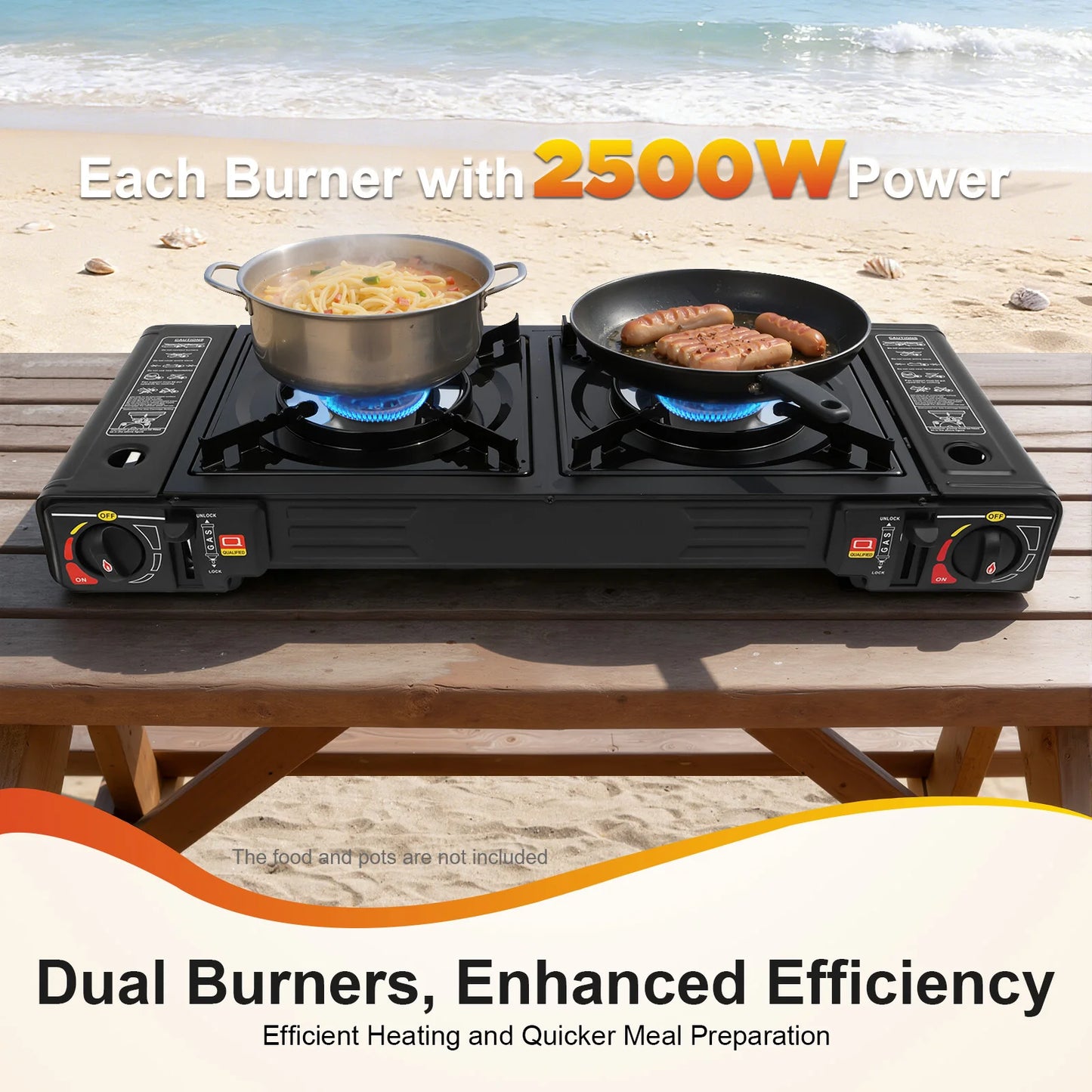 NONED 2500W Portable Camping Stove 2 Burners Baking Tray LPG