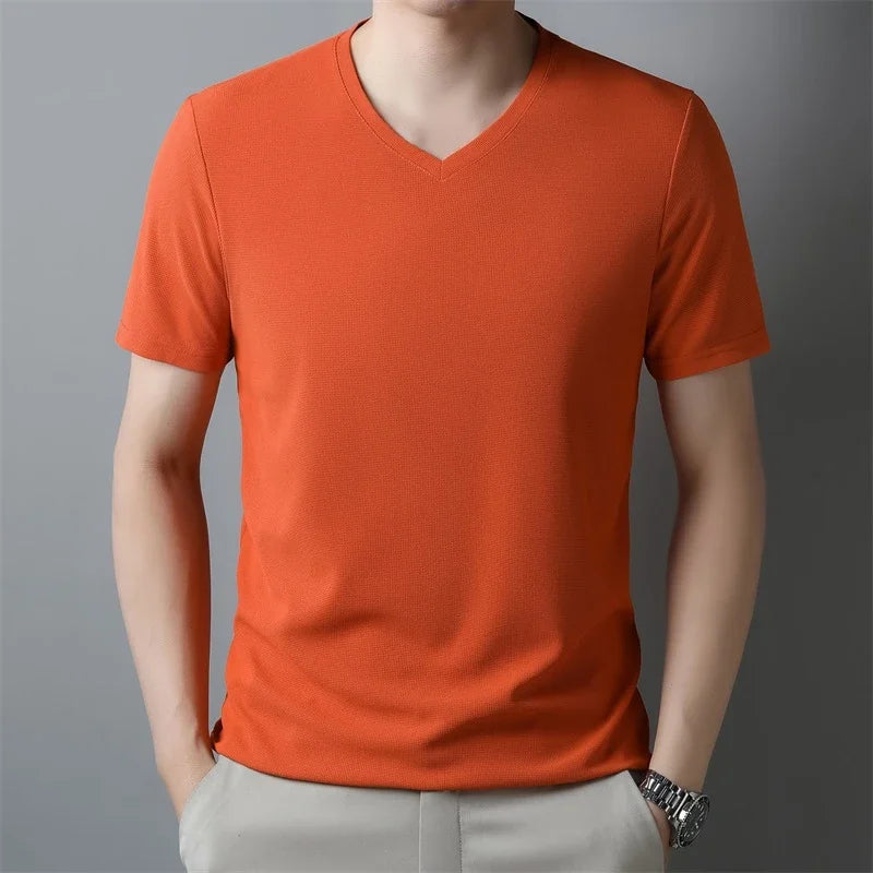 Men Waffle Knit V Neck Short Sleeve T Shirt Casual Top