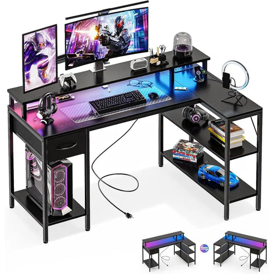 Gaming Desk USB Charging Ports And LED Lights L Shaped