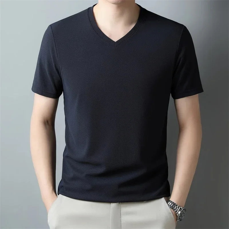 Men Waffle Knit V Neck Short Sleeve T Shirt Casual Top