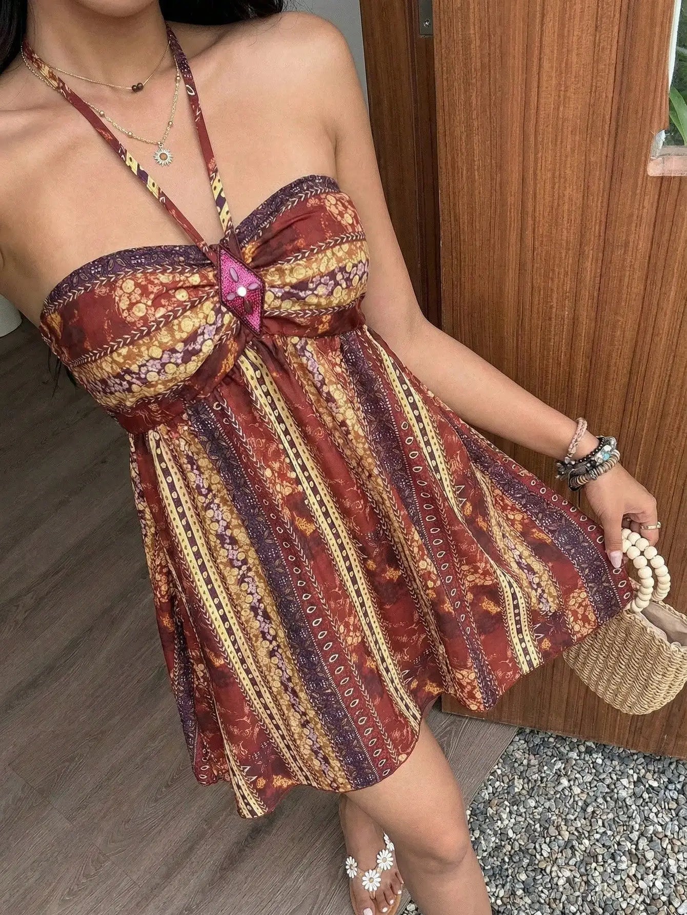 Bohemian Paisley Sequined Halter Mini Dress For Women