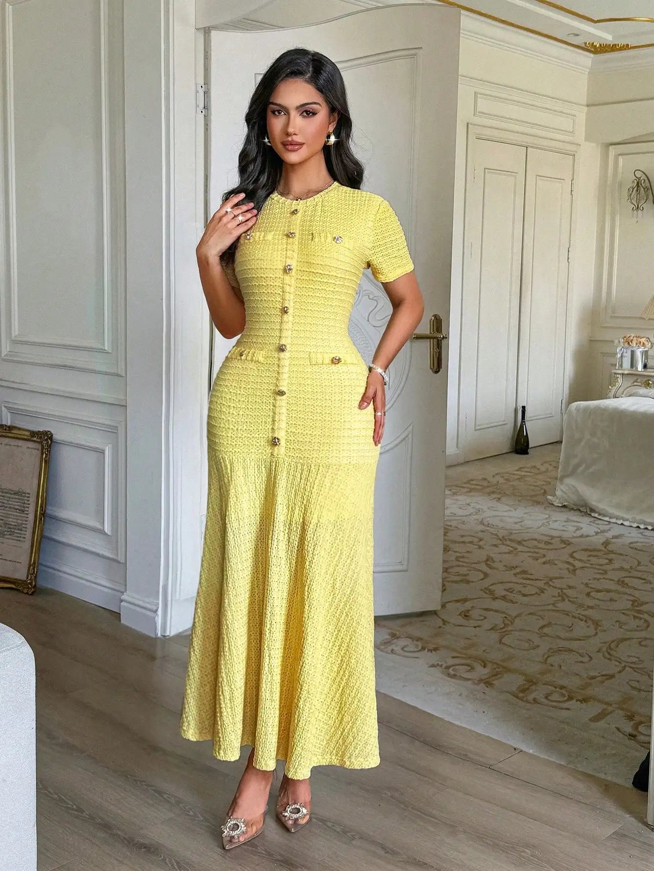 Textured Knit Midi Dress With Front Buttons And Faux Pockets
