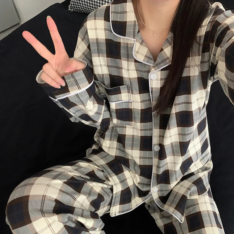 Korean Style Long Sleeve Pajamas Set Women Homewear Autumn