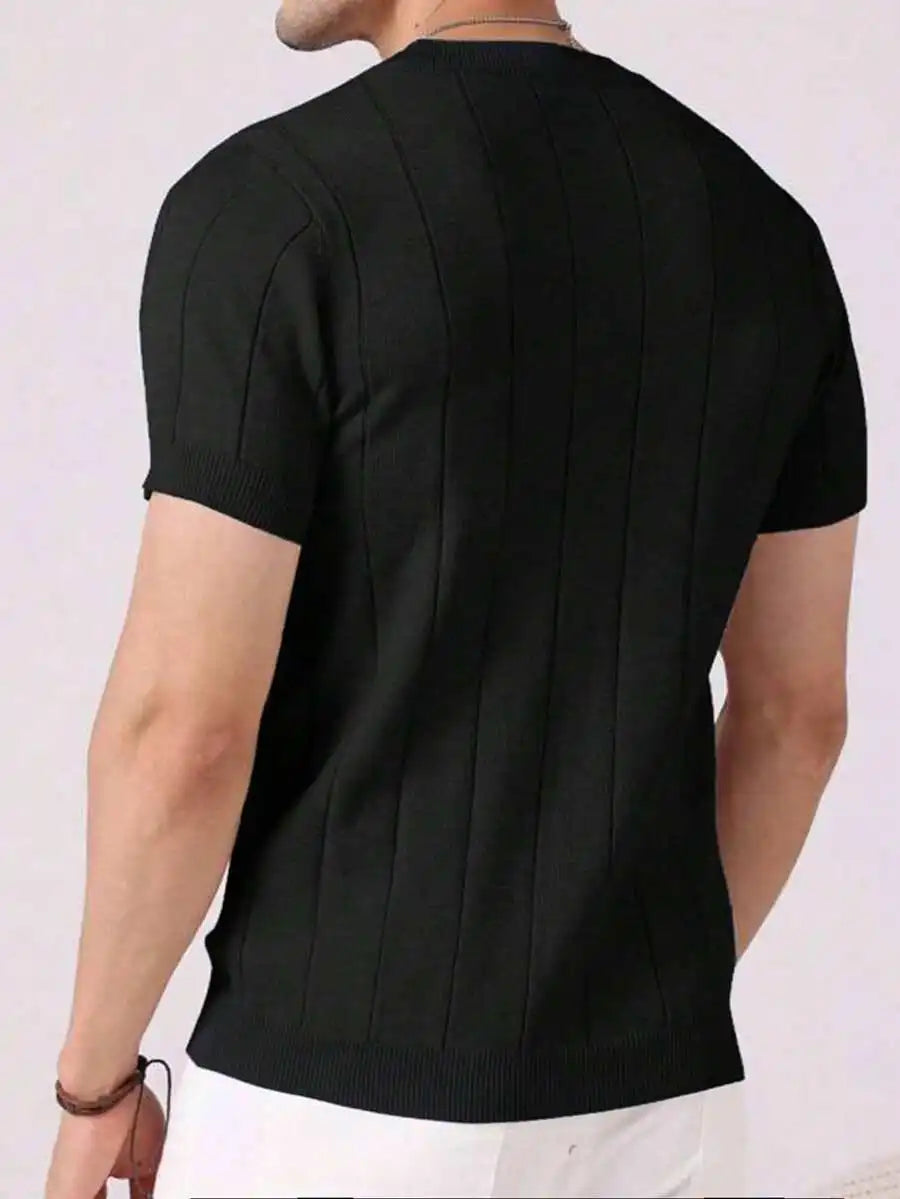 Minimalist Ribbed Knit Crew Neck Short Sleeve Men's Pullover