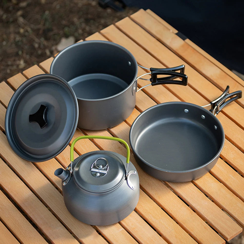 APWIKOGER Camping Cookware Set Three Piece Pot Pan Kettle With Mesh Bag