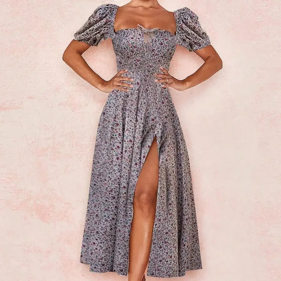 French Style Backless Floral Slit Spaghetti Strap Dress For Women