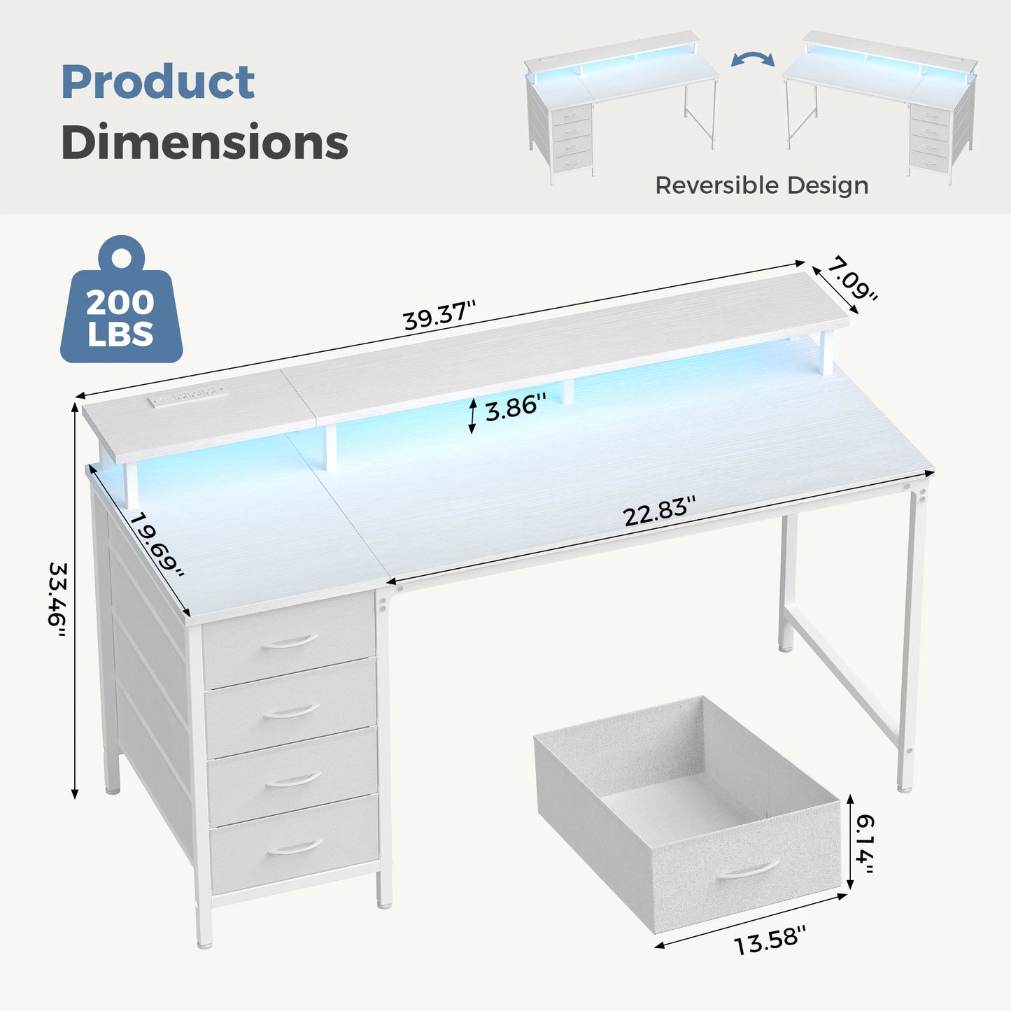 JHK Gaming Desk With 4 Drawers Power Outlets LED Lights