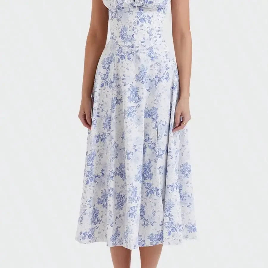 French Style Backless Floral Slit Spaghetti Strap Dress For Women