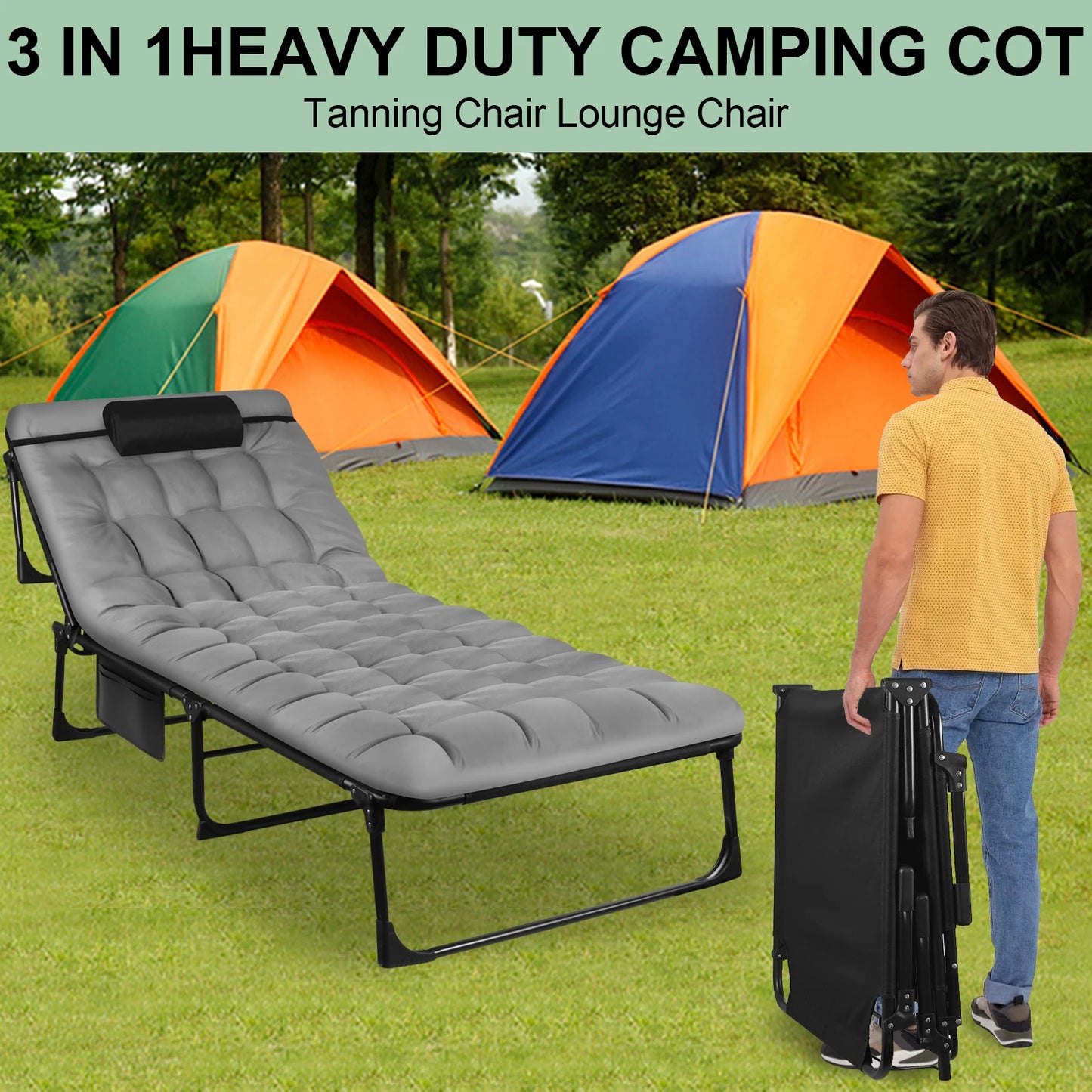 Portable Folding Camping Cot 3 Position Adjustable Reclining Lounge Chair