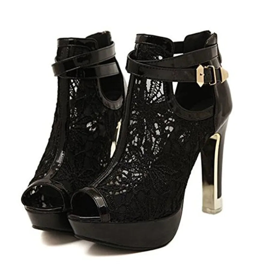 Getmorebeauty Women Lace Floral Open Toes High Heel Ankle Boots