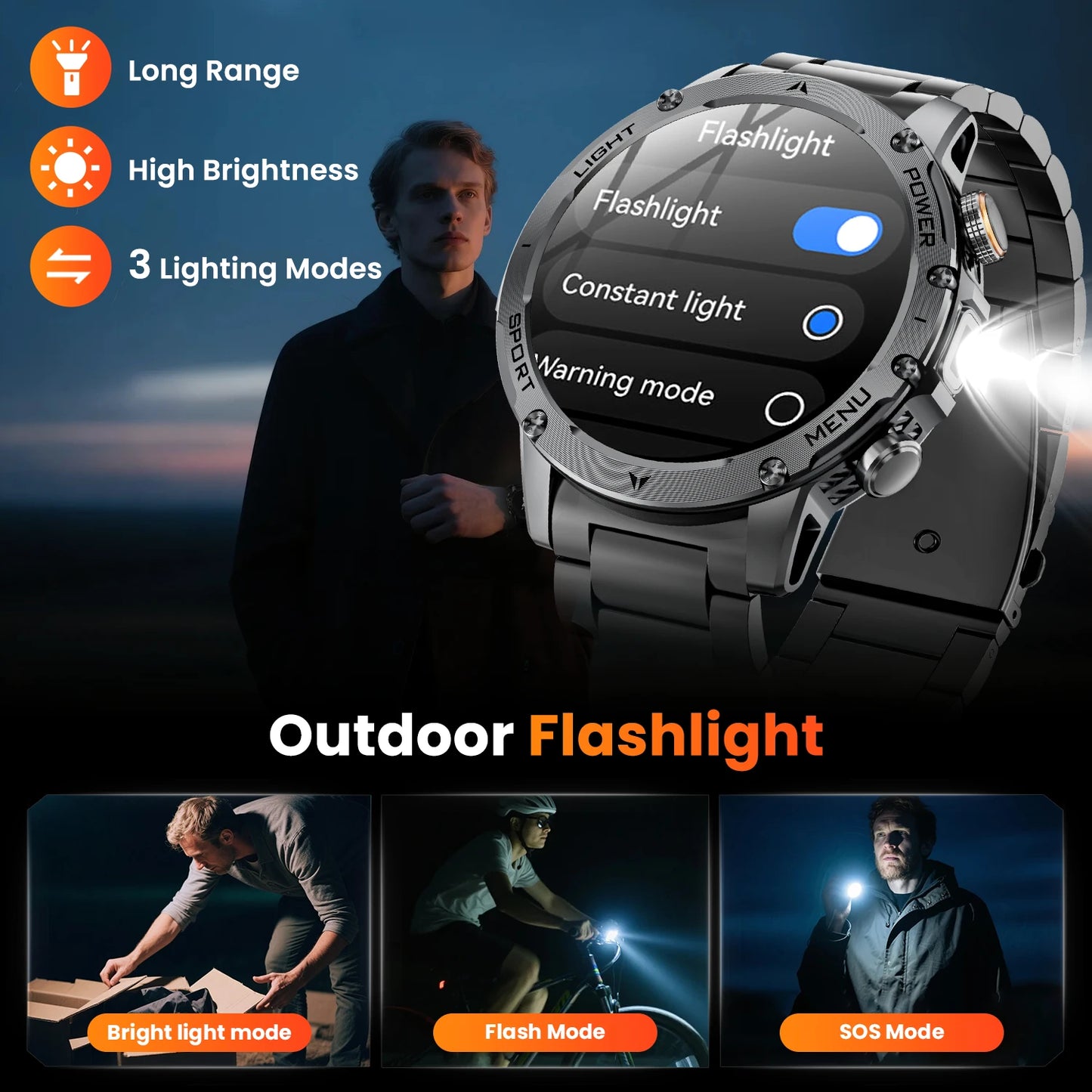 Military Smartwatch For Men With Bluetooth Call Health Monitor Waterproof
