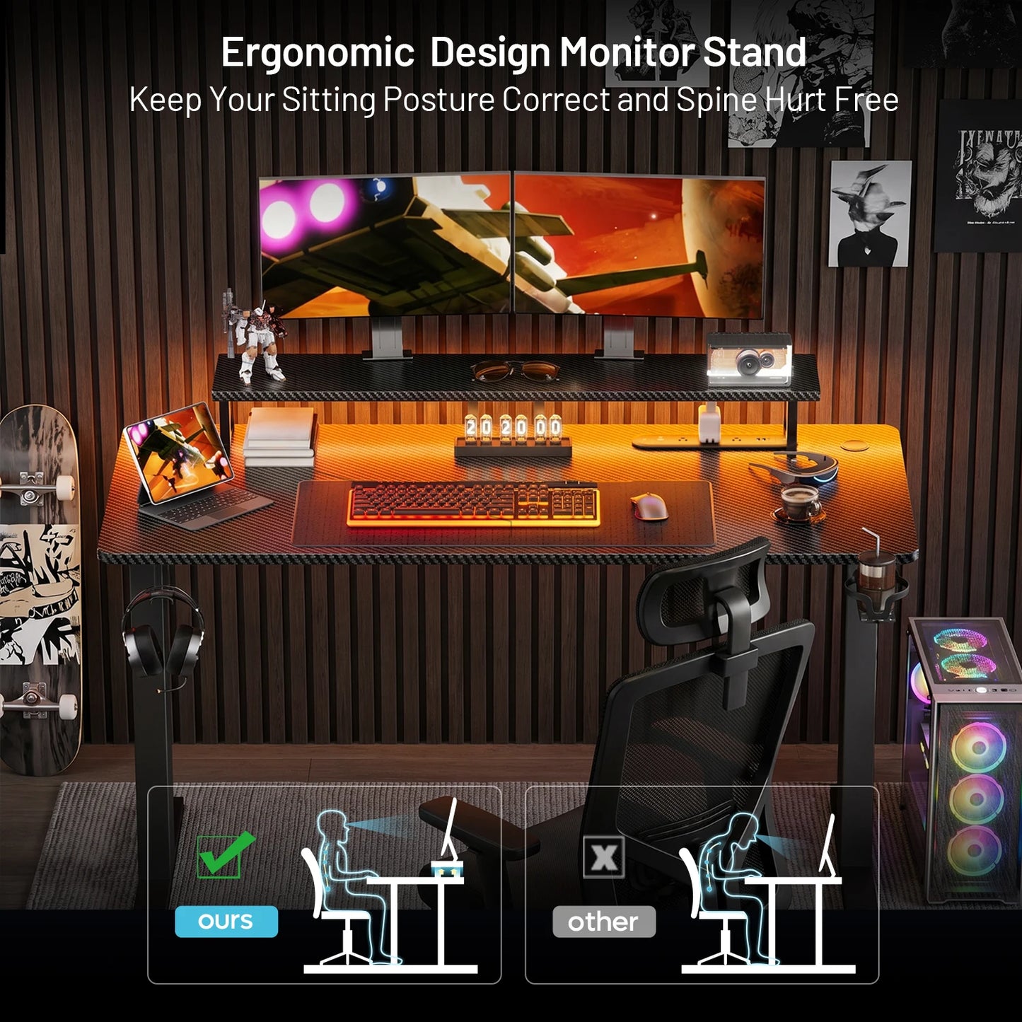 FRODROVIA Gaming Desk With LED Lights And Built In Outlet