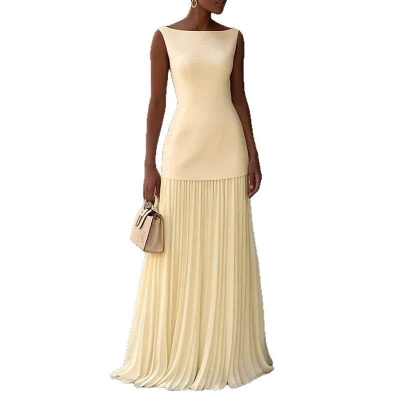 Elegant Dress Two-Piece Set With Pleated Vest Overskirt For Women