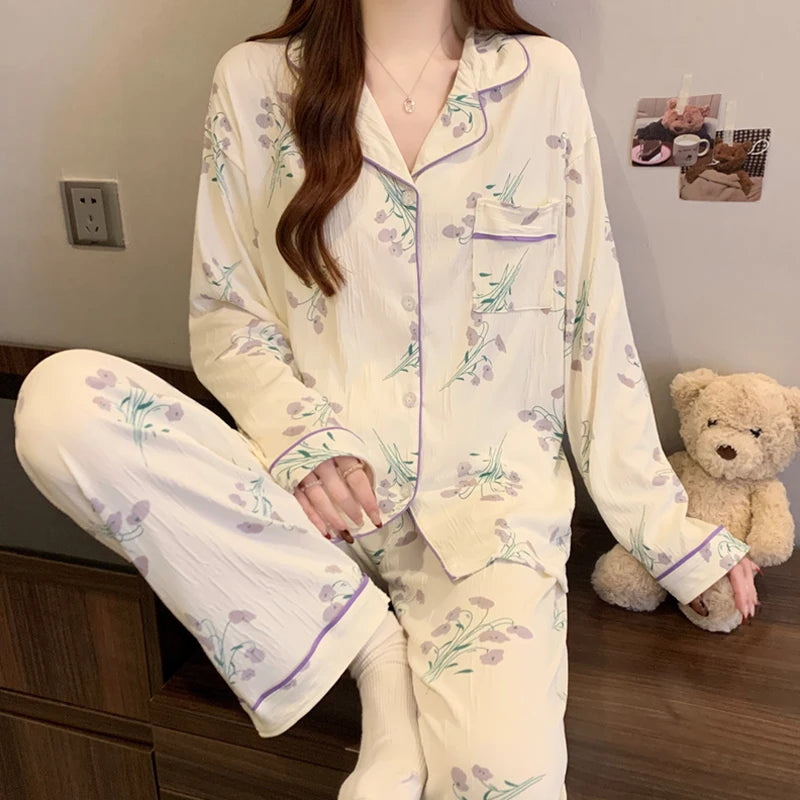 Harajuku Bow Tie Pajamas For Women Long Sleeve Top Pants