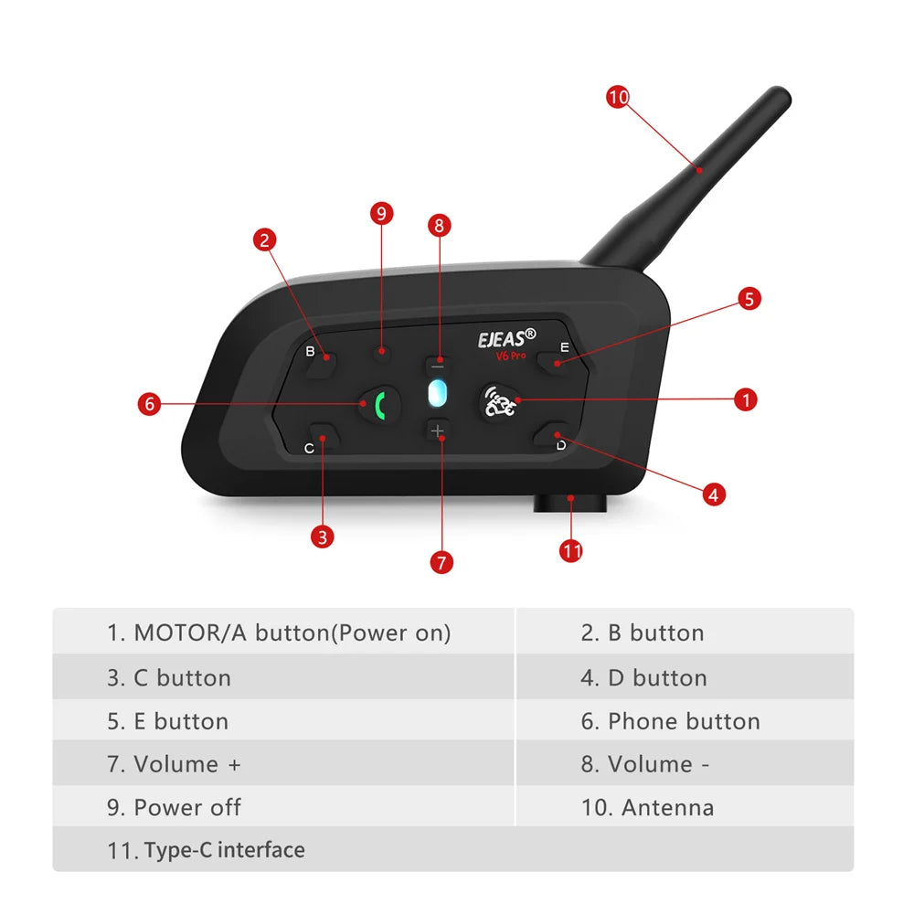 EJEAS V6PRO Motorcycle Intercom Headset Bluetooth 5.1 For Six Riders