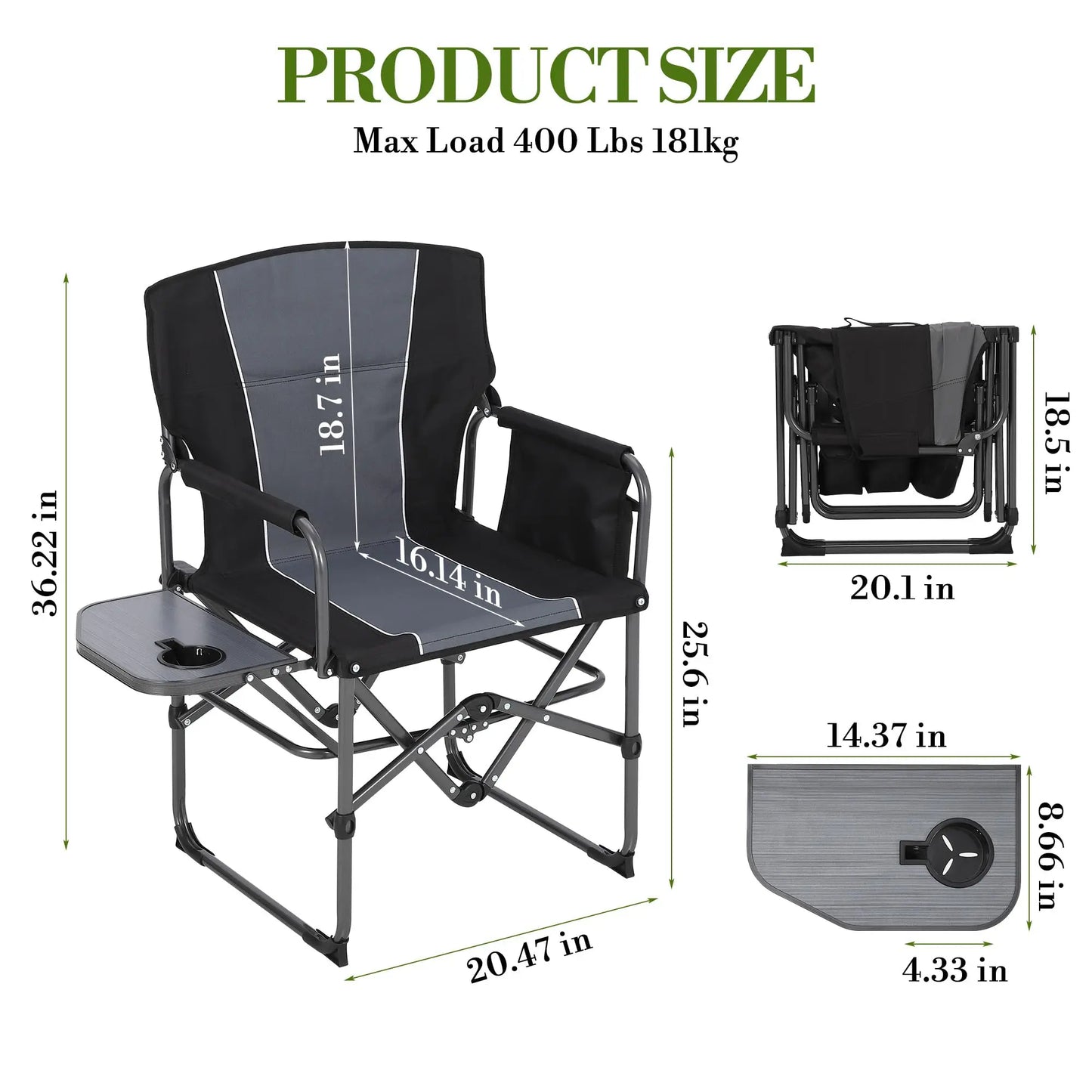 HiMISS Oversized Folding Director Chair With Side Table Pockets