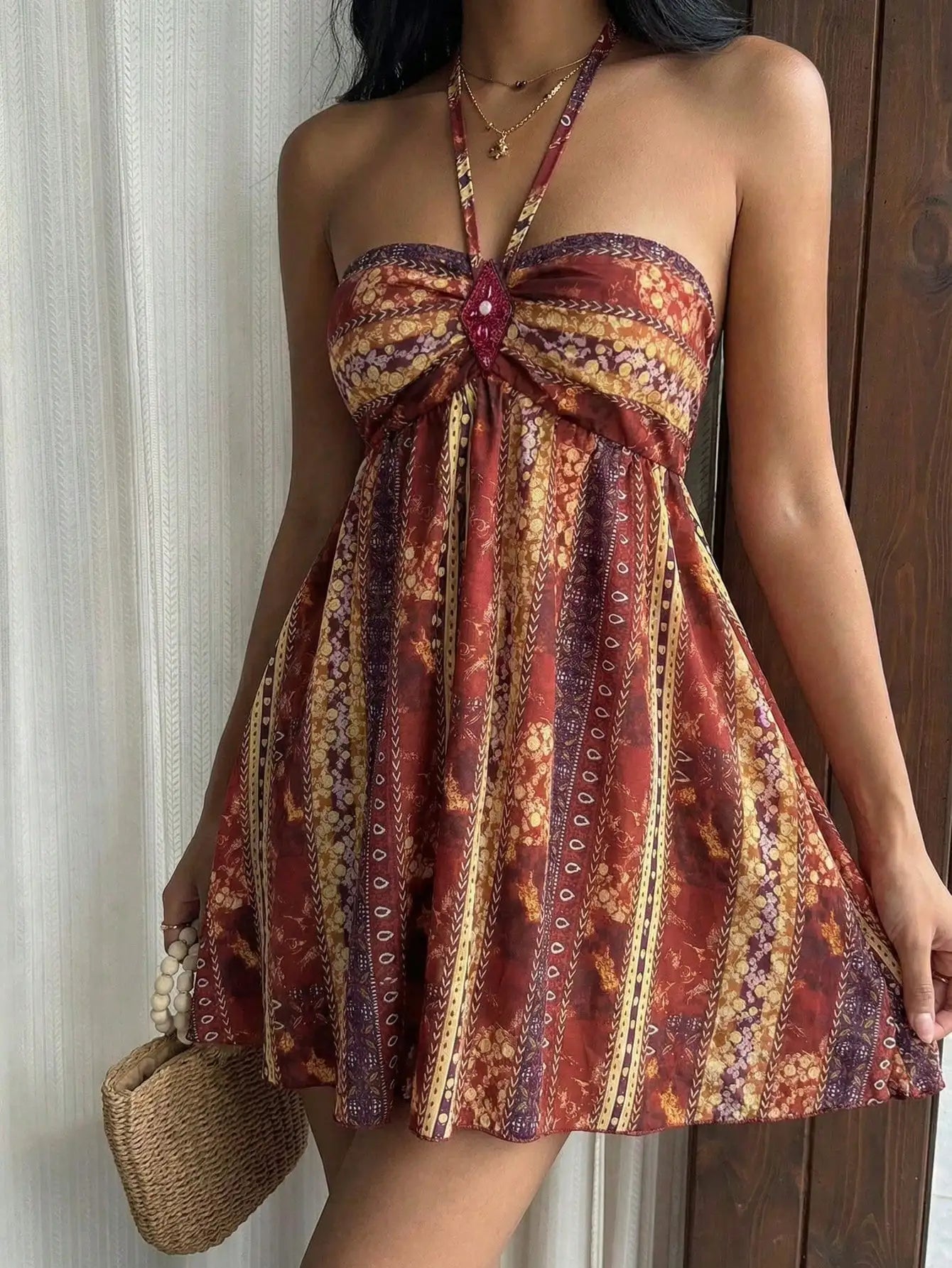 Bohemian Paisley Sequined Halter Mini Dress For Women