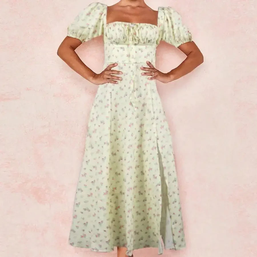 French Style Backless Floral Slit Spaghetti Strap Dress For Women
