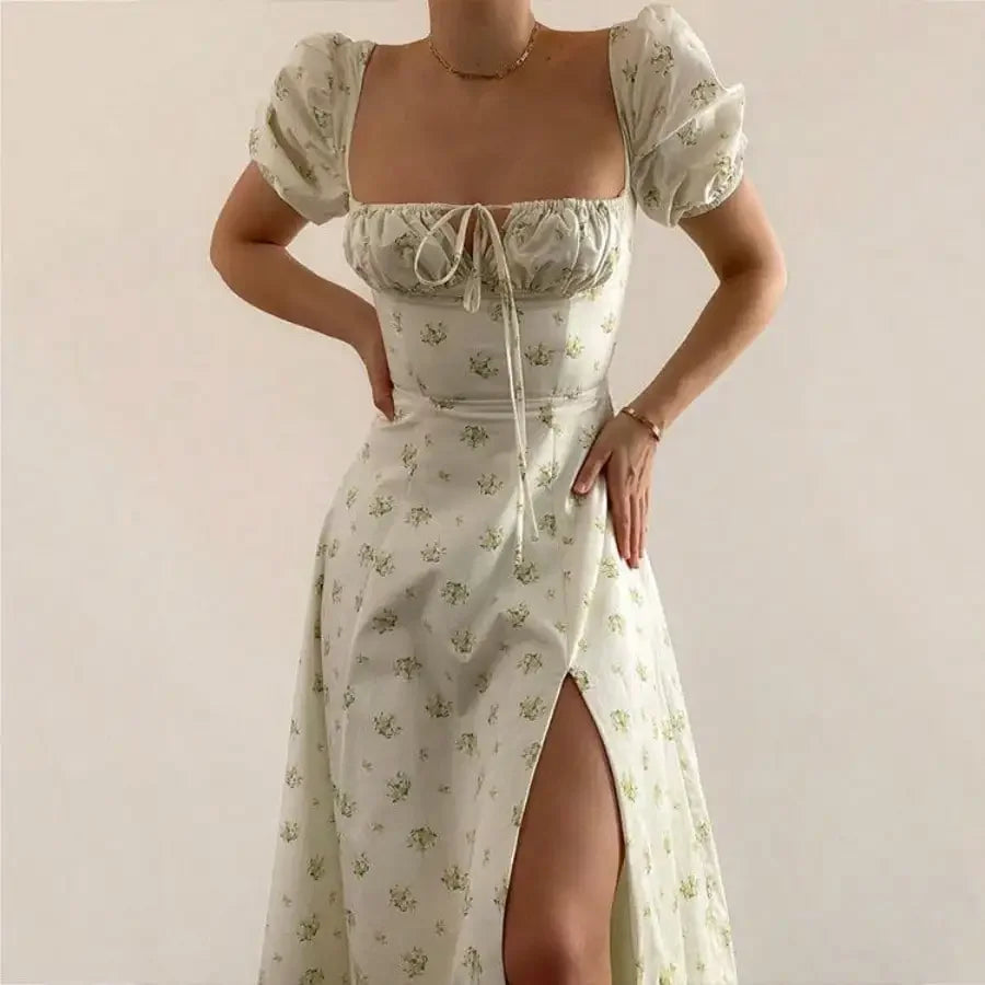 French Style Backless Floral Slit Spaghetti Strap Dress For Women