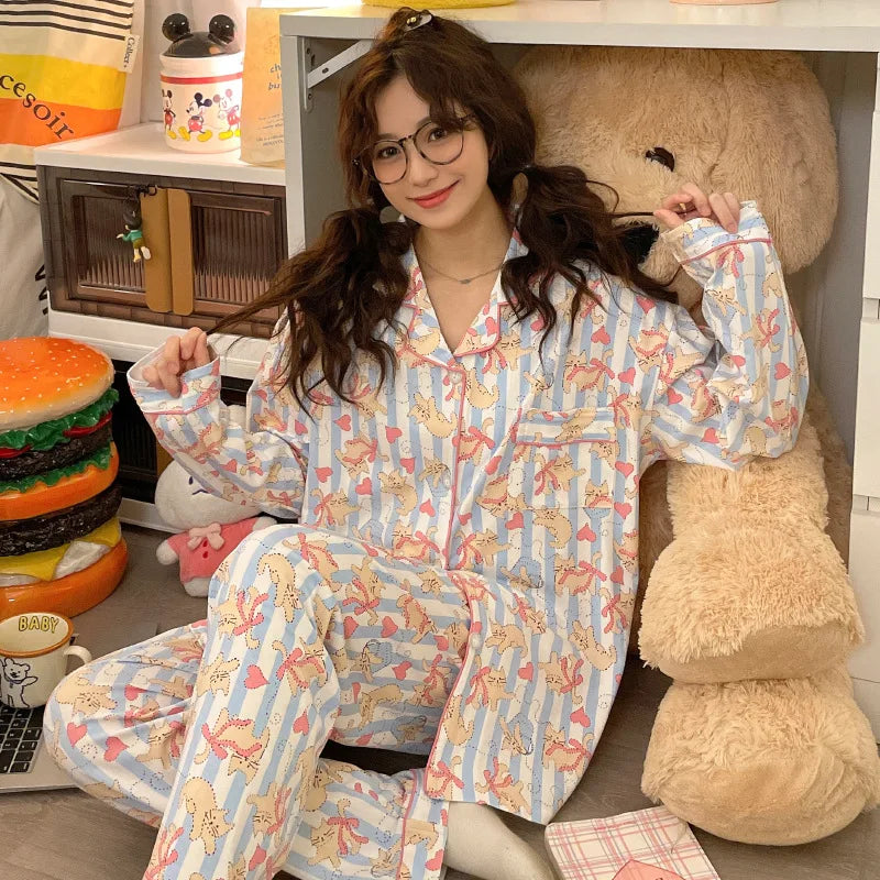 Korean Style Long Sleeve Pajamas Set Women Homewear Autumn