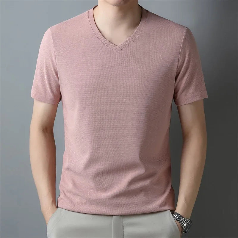 Men Waffle Knit V Neck Short Sleeve T Shirt Casual Top