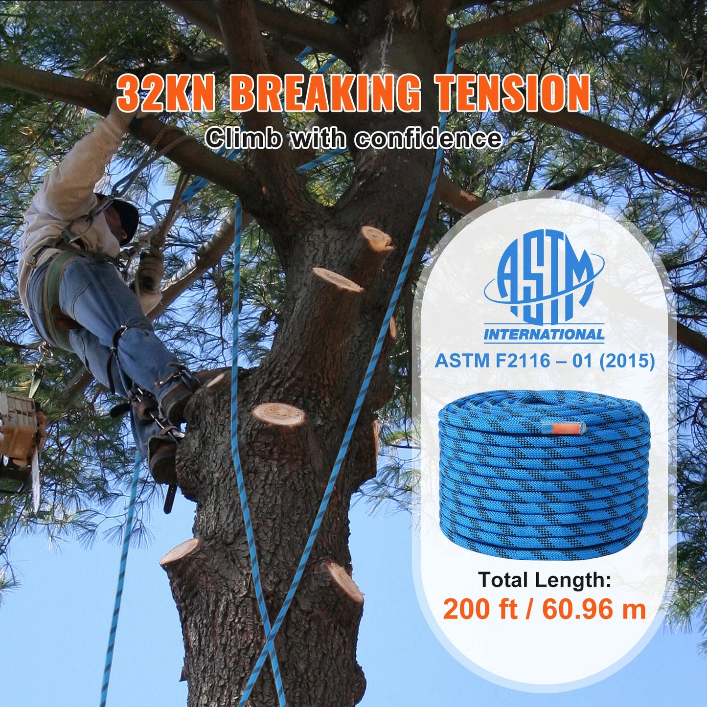 Static Climbing Rope 30kN Breaking Strength With Steel Snap Hooks