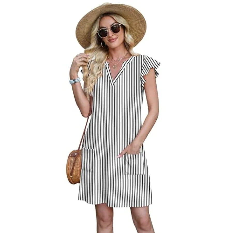 OFEEFAN Womens Ruffle Sleeve V Neck Sundresses With Pockets