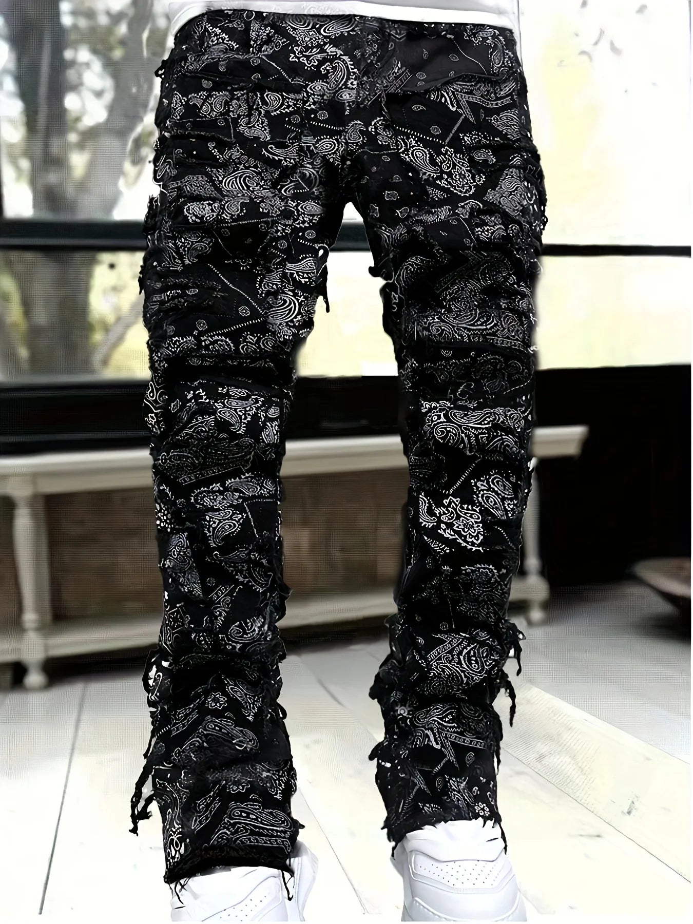 Men Straight Leg Jeans Jacquard Denim Streetwear Hip Hop Style