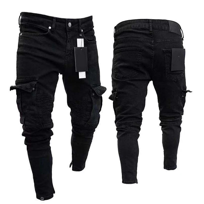 NONECN Mens Cargo Jeans Straight Fit With Multiple Pockets