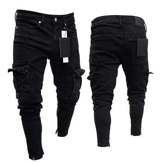 NONECN Mens Cargo Jeans Straight Fit With Multiple Pockets