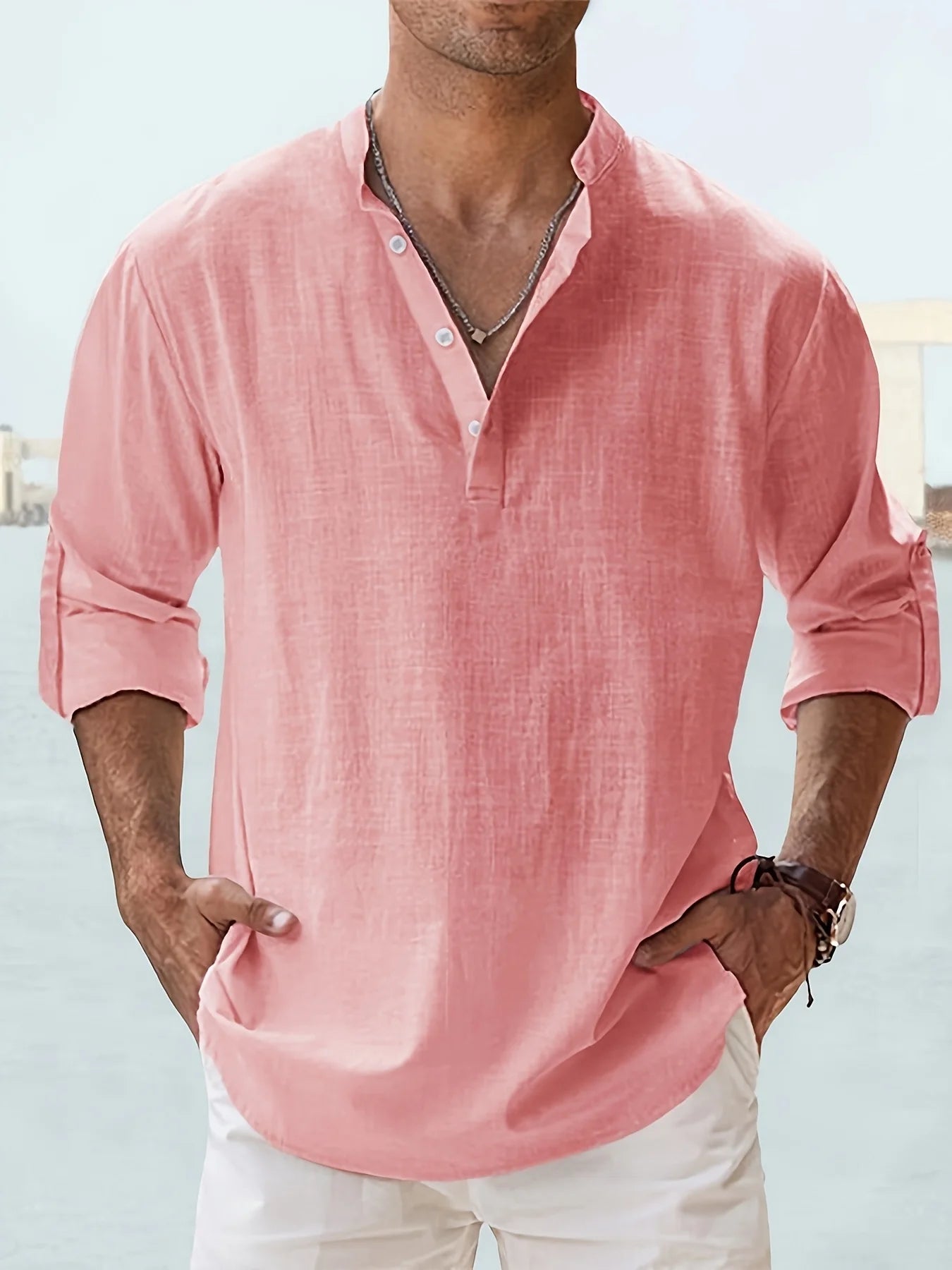 Men's Linen Stand Collar Long Sleeve Shirt Cotton Linen