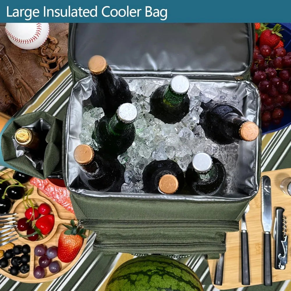 Picnic Backpack For Four With Insulated Cooler And Wine Holder