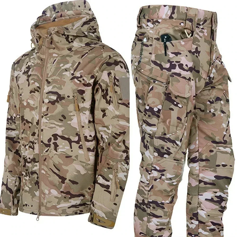 AUKUPKEE Tactical Waterproof Men Camo Soft Shell Fleece Winter Suit