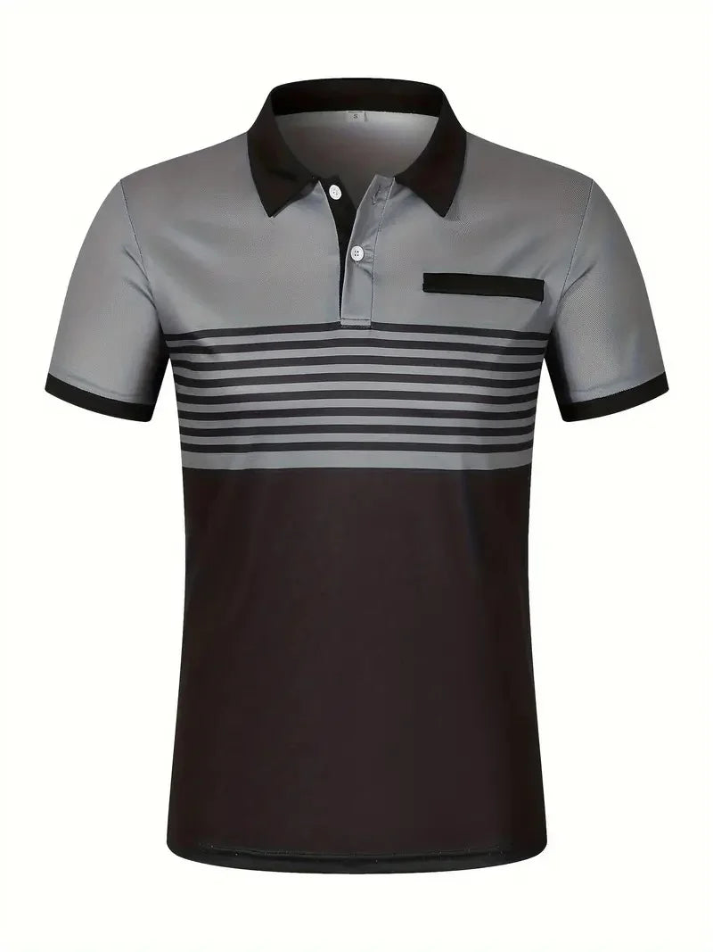 Men's V Neck Polo Shirt Striped Colorblocked Short Sleeve