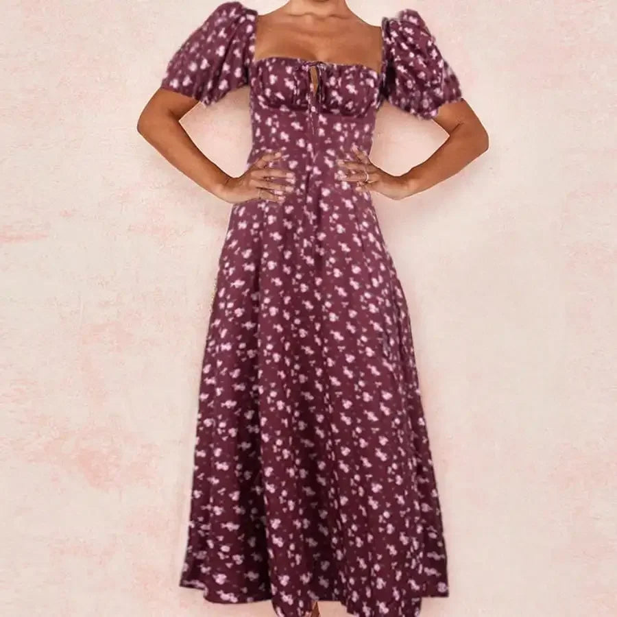 French Style Backless Floral Slit Spaghetti Strap Dress For Women