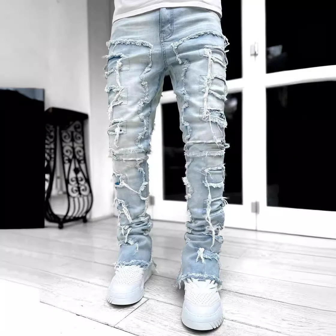 Men Straight Leg Jeans Jacquard Denim Streetwear Hip Hop Style