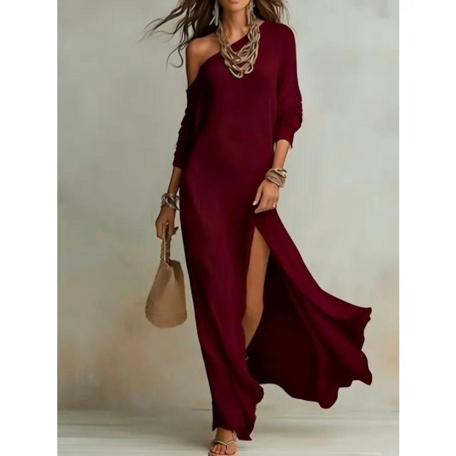 Women's Knit Pleated Long Sleeve Dress With Split Hem