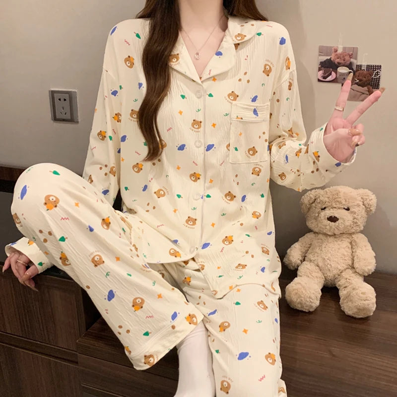 Harajuku Bow Tie Pajamas For Women Long Sleeve Top Pants