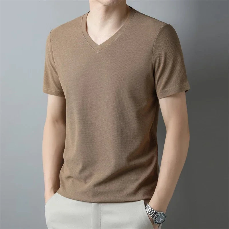 Men Waffle Knit V Neck Short Sleeve T Shirt Casual Top