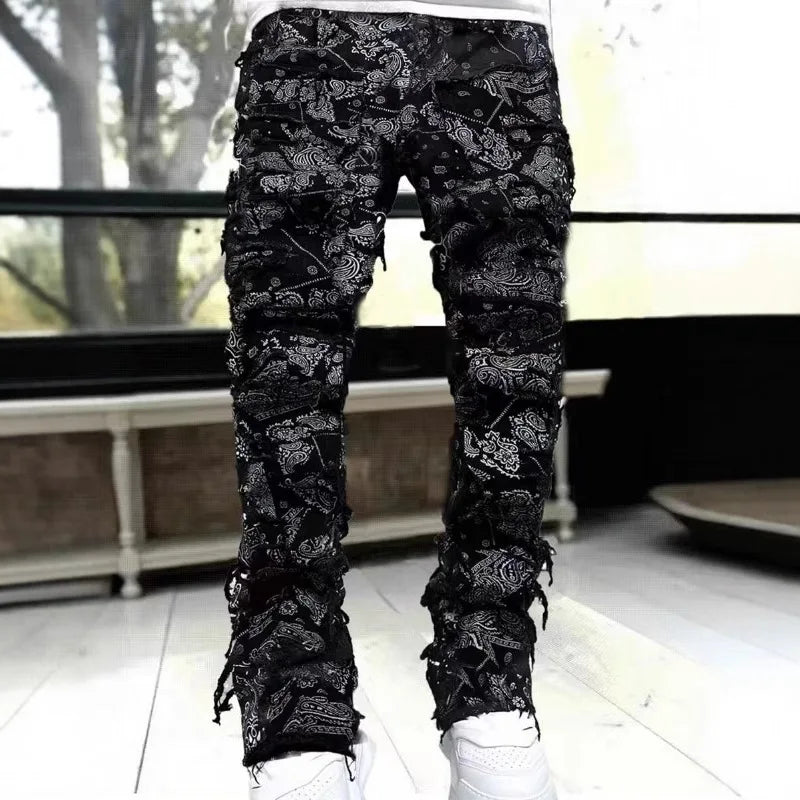 Men Straight Leg Jeans Jacquard Denim Streetwear Hip Hop Style