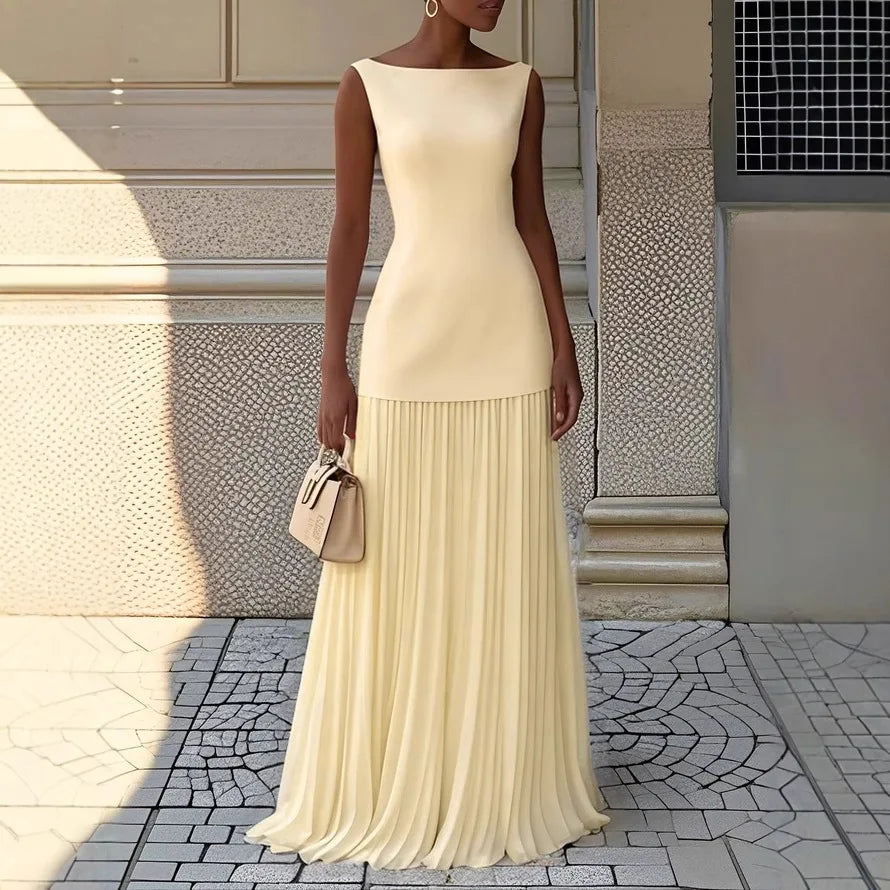 Elegant Dress Two-Piece Set With Pleated Vest Overskirt For Women
