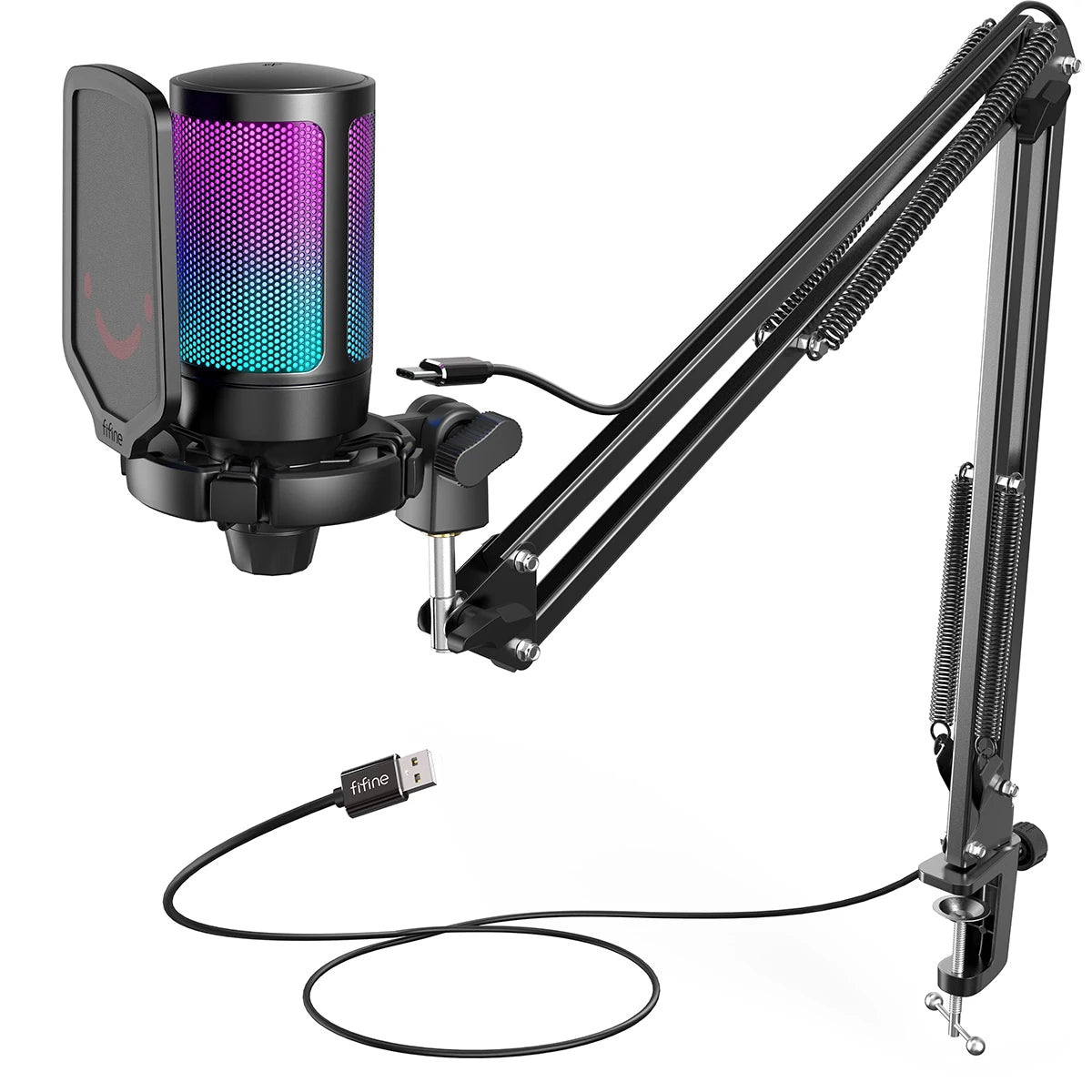 Fifine A6T USB Gaming Microphone Kit For PC PS4 PS5 RGB Arm Stand