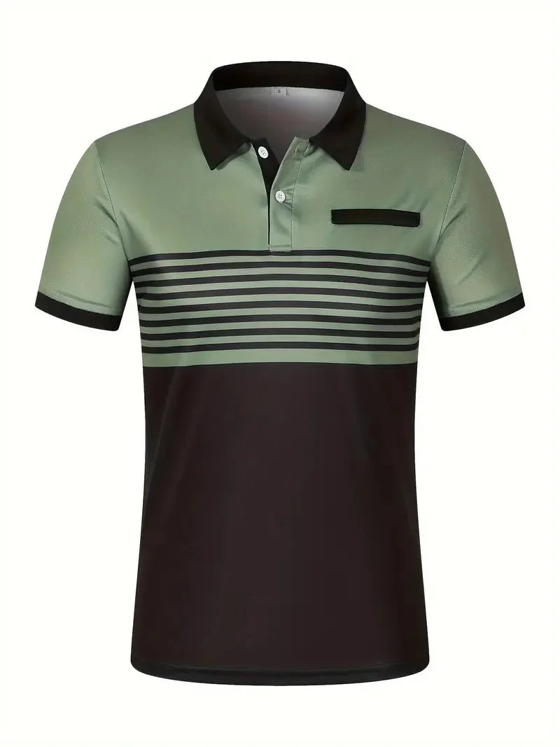 Men's V Neck Polo Shirt Striped Colorblocked Short Sleeve